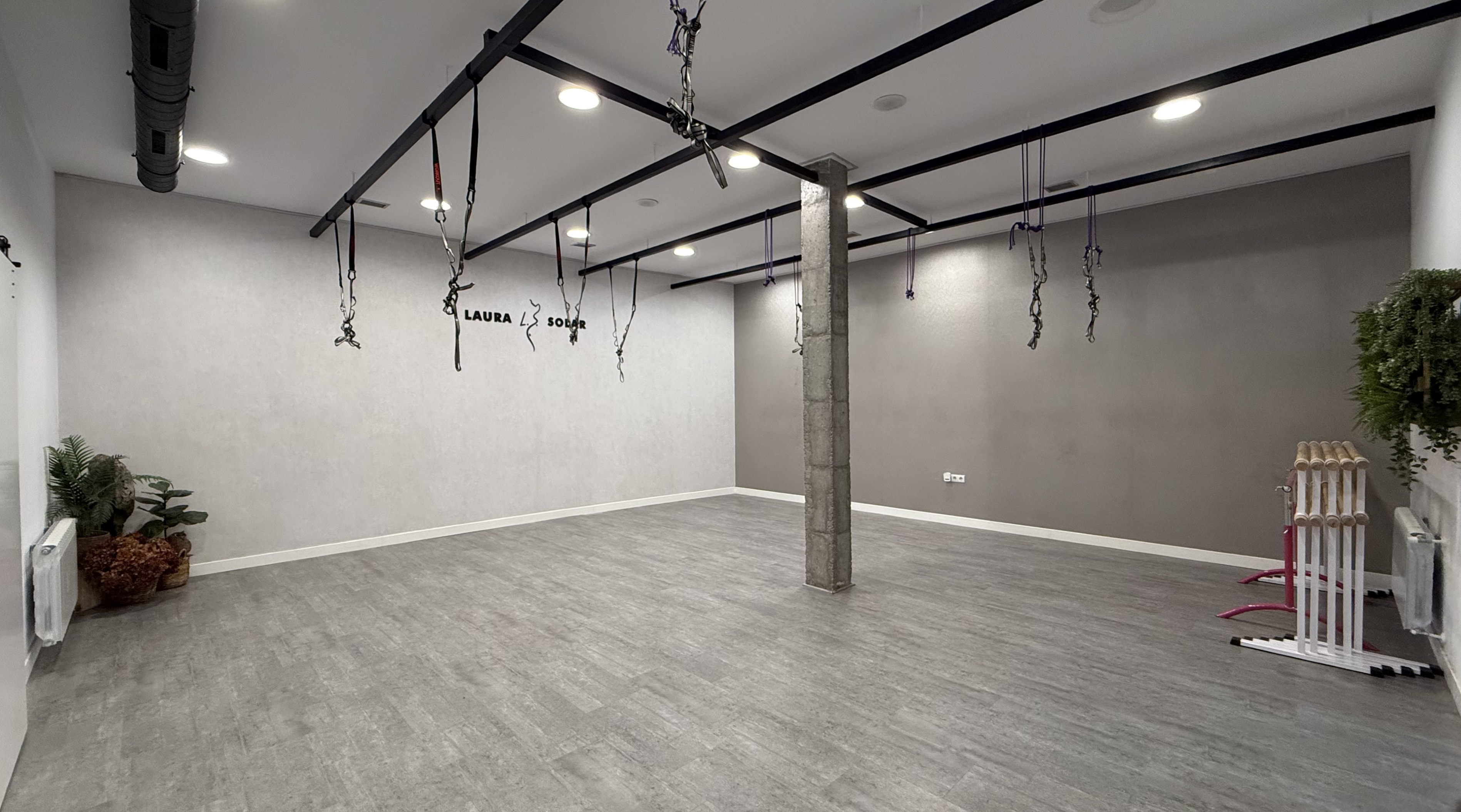 Sala de ejercicios con columpios y esterillas